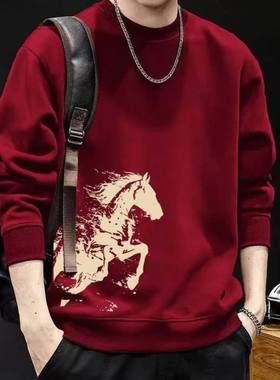 2026新款春装马年时尚加绒厚款圆领卫衣男保暖打底衫长袖T恤上衣