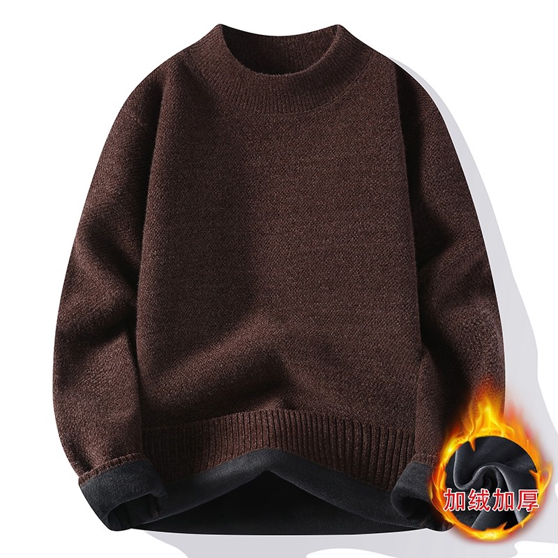 雅鹿不起球中领毛衣男加绒加厚纯色一体绒保暖针织打底衫毛线衣冬