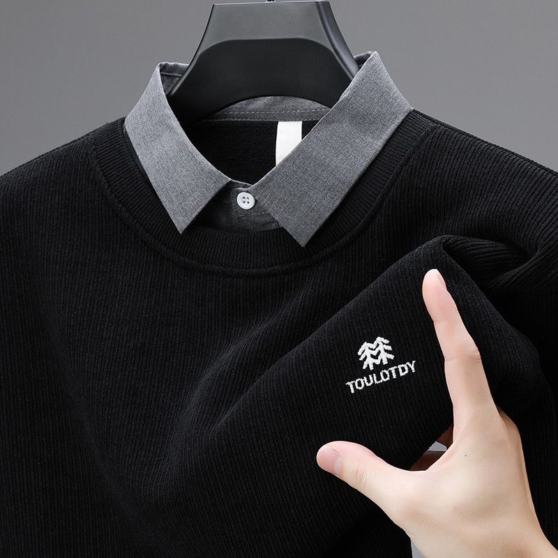 雅鹿不起球简单假两件带领卫衣男修身毛衣一体绒加绒保暖打底衫厚