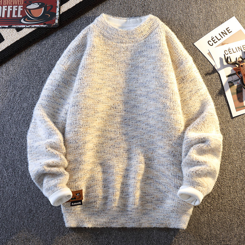 水貂绒毛衣男2025新款秋冬季青少年加绒加厚针织衫潮牌宽松打底衫
