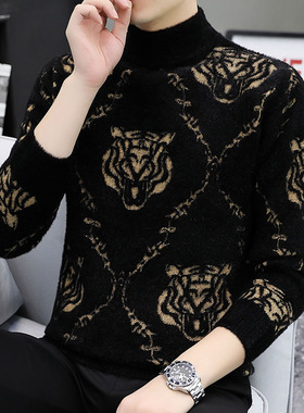 虎头仿貂绒一体绒加绒厚半高领修身毛衣男柔软内搭打底针织衫保暖