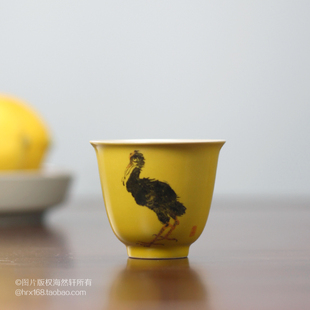复古黄釉传统潮州功夫茶具茶杯彩瓷杯手绘鸬鹚品茗杯单丛工夫茶杯