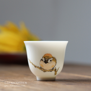 日式景德镇功夫茶具茶杯彩瓷杯手绘喜鹊羊脂玉瓷杯泡茶碗蛋壳杯