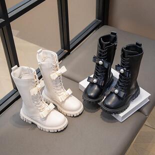 儿童靴子2024时尚长筒马丁靴中大童加绒百搭高筒靴女童公主风皮靴