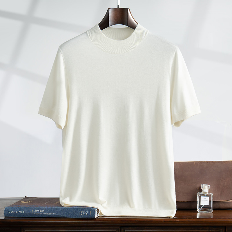 半高领精纺100纯山羊绒衫男夏季新款68支针织短袖T恤宽松薄款体恤