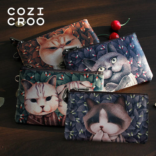 猫咪零钱包手绘拉链复古牛皮