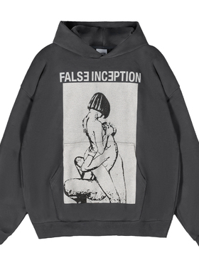 False Inception重磅加绒美式印花男女情侣春秋宽松套头连帽卫衣