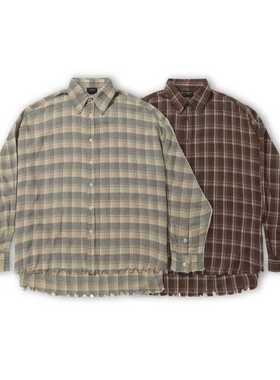 False Inception咖棕杏白格子衬衫美式vintage廓形防晒男长袖外套