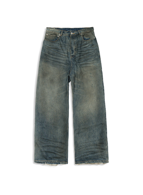 False Inception重工洗水蓝baggy泥染破坏直筒宽松牛仔裤巴家风格