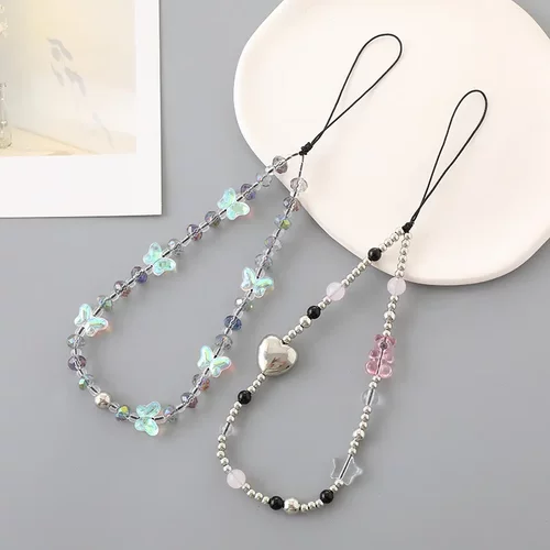 时尚潮流新款水晶蝴蝶串珠手机链ccd相机挂饰五角星手机挂绳链条