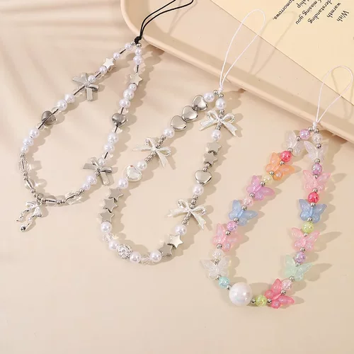 ins新款甜酷风珍珠蝴蝶结手机链ccd相机链条挂件手机挂绳防丢绳