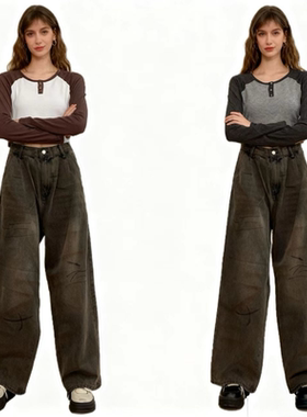 U4236任3件包邮外贸日单女士牛仔裤高腰宽松潮流涂鸦印染色阔腿裤