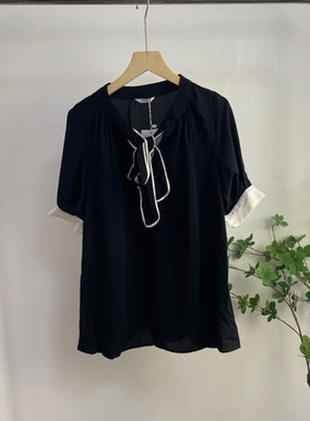 D1594任3件包邮外贸日单女装短袖衬衫新款立领系带宽松显瘦衬衣