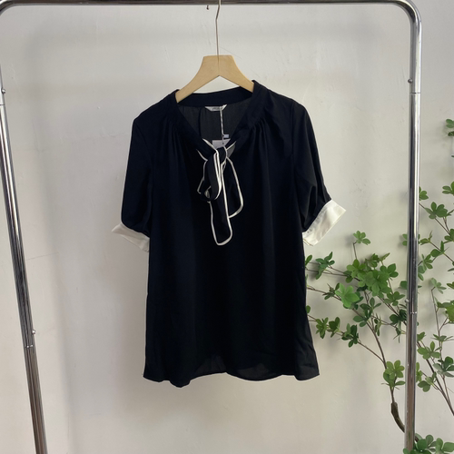 D1594任3件包邮外贸日单女装短袖衬衫新款立领系带宽松显瘦衬衣