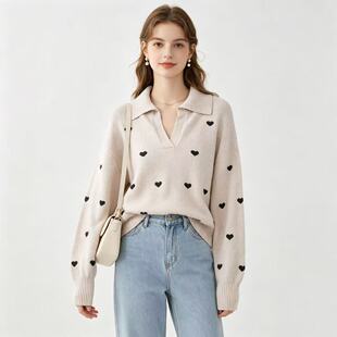 SS6323外贸欧美温柔风翻领针织衫女新款爱心图案宽松套头毛衣