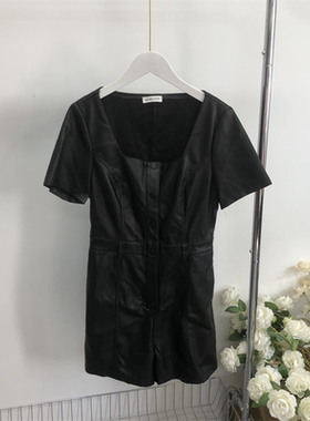 D1197任3件包邮外贸日单女士短袖连体短裤方领高腰显瘦气质皮裤