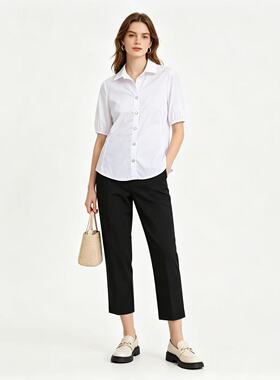 D9438外贸欧美通勤气质白色收腰衬衫女夏季翻领爱心扣百搭上衣
