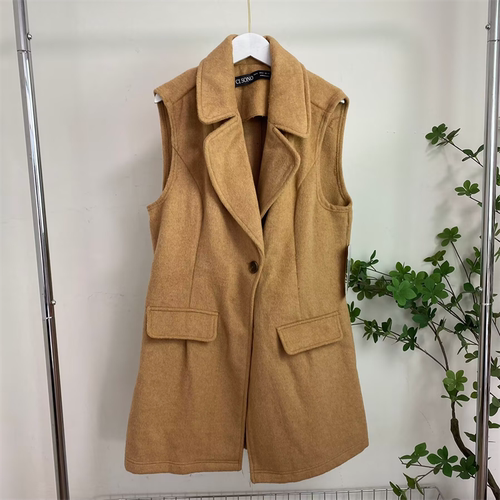 B9856任3件包邮外贸欧美女士毛呢马甲新款翻领无袖外搭中长款马夹