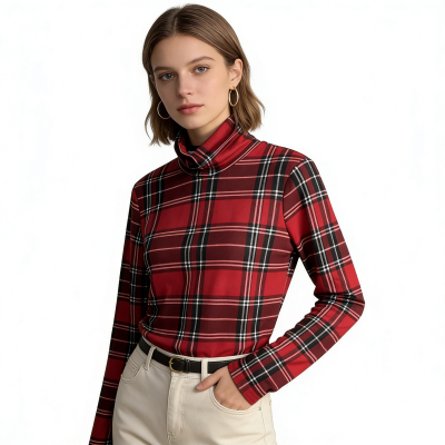 EE6359外贸欧美女士上衣新款高领套头格子拼色修身百搭时尚打底衫