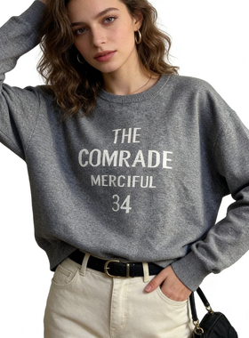 I9890外贸欧美女士毛衣新款圆领套头绣花字母图案宽松时尚针织衫