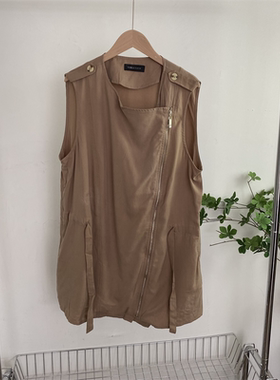 C8432任3件包邮外贸欧美无袖上衣新款翻领斜拉链外搭中长款马夹女