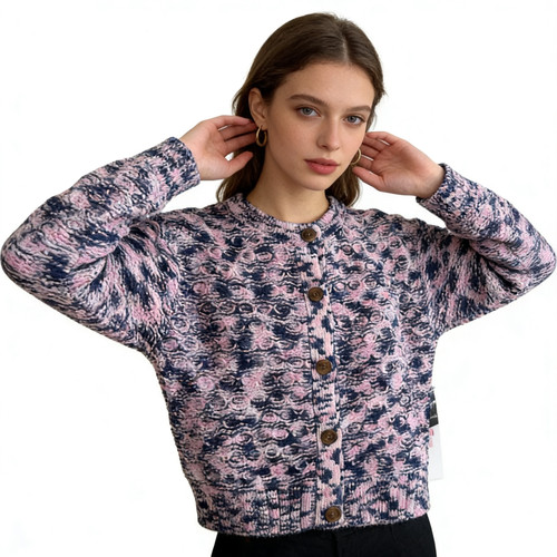 C5120外贸欧美女士毛衣开衫新款半圆领单排扣花色宽松大码针织衫