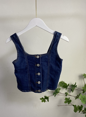 HH4553任3件包邮外贸日单小女生牛仔背心无袖单排扣修身短款上衣
