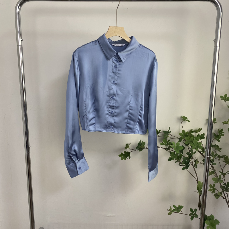 D6485任3件包邮外贸欧美单女装长袖短款衬衫新款翻领单排扣衬衣