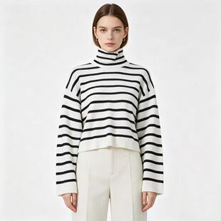 U4579外贸欧美单女士条纹毛衣秋冬新款高领套头宽松短款针织衫