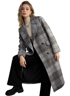 G4850时尚通勤风女士大衣新款翻领双排扣复古风格子长款毛呢大衣