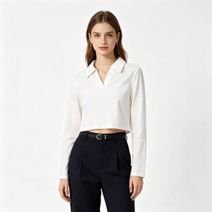 K2598外贸欧美纯色Polo领长袖T恤女士新款修身显瘦短款小个子上衣