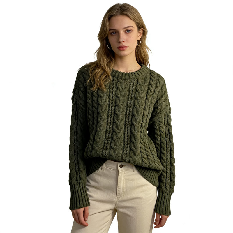 B1263外贸欧美单女士麻花毛衣冬季新款圆领套头宽松大码针织衫