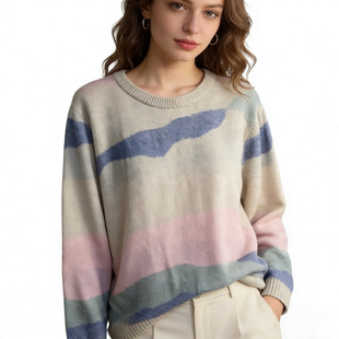 胖MM时尚 圆领拼色宽松大码 毛衣 新款 H7595外贸欧美单女士针织衫