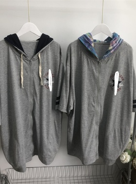 P2467任3件包邮外贸日单潮流男生短袖卫衣开衫连帽拼色学院风上衣