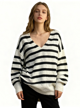 F4212任3件包邮外贸欧美单宽松毛衣新款V领条纹拼色女装针织衫