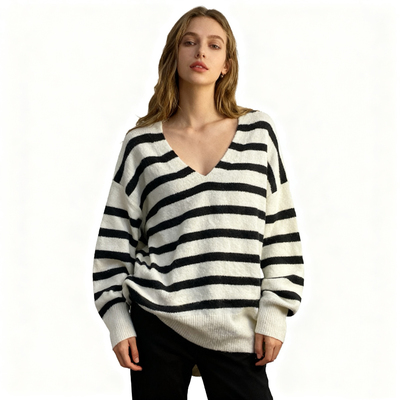 F4212任3件包邮外贸欧美单宽松毛衣新款V领条纹拼色女装针织衫