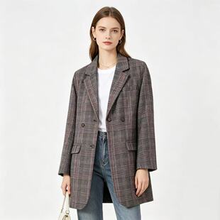 YY2548英伦风时尚小西装女新款翻领两粒扣中长款复古格纹休闲外套