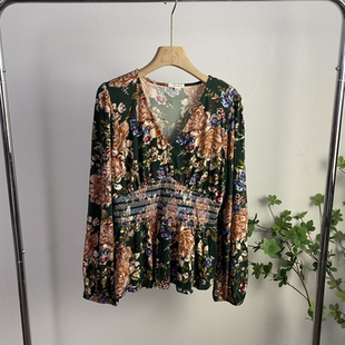 显瘦收腰复古印花衬衫 O3122任3件 V领长袖 外贸欧美女上衣新款 包邮