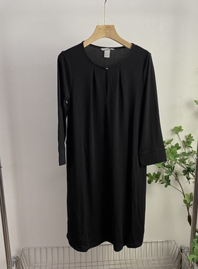 E1545任3件包邮外贸女装连衣裙新款圆领长袖纯色气质百搭中长裙