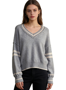 U6565外贸欧美风女生宽松短款毛衣新款V领拼色时尚显瘦休闲针织衫