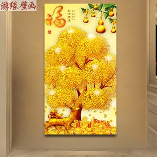 3D立体发财树玄关背景墙壁纸8D墙纸餐厅走廊过道壁画摇钱树鹿墙布