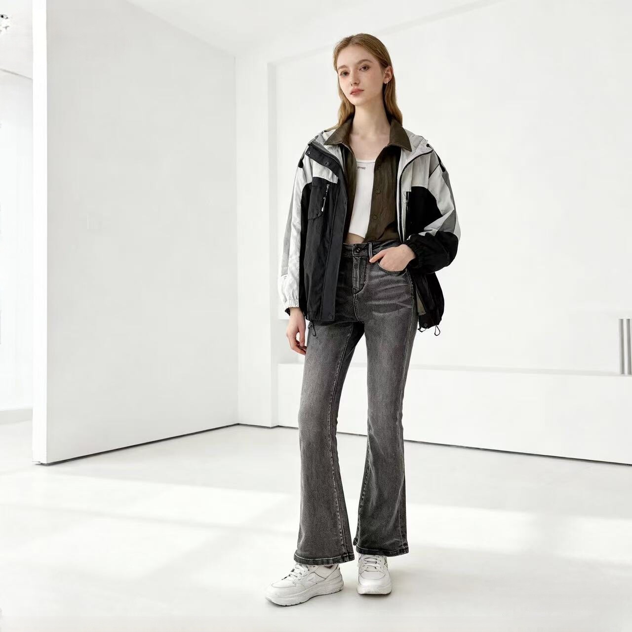 ABLE JEANS女士牛仔裤新款微喇高腰松紧腰弹力复古水洗显瘦休闲裤