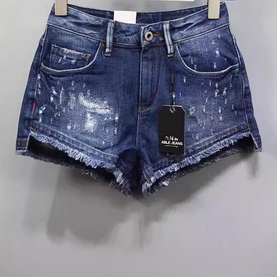 夏季新品女士牛仔短裤破洞深蓝色自然腰百搭显瘦牛仔裤时尚辣妹裤