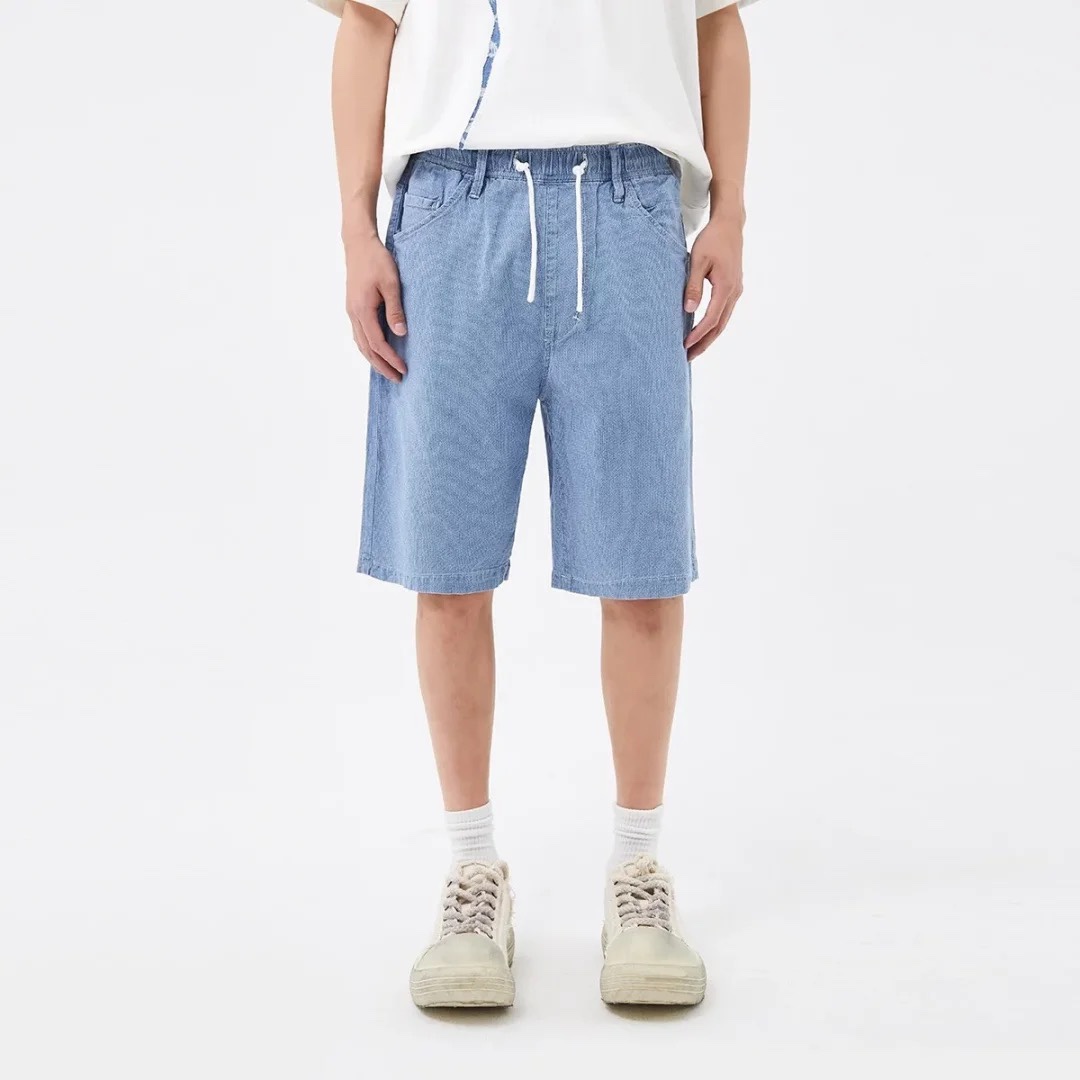 ABLE JEANS男士牛仔短裤夏季新品条纹立体松紧腰弹力宽松五分中裤