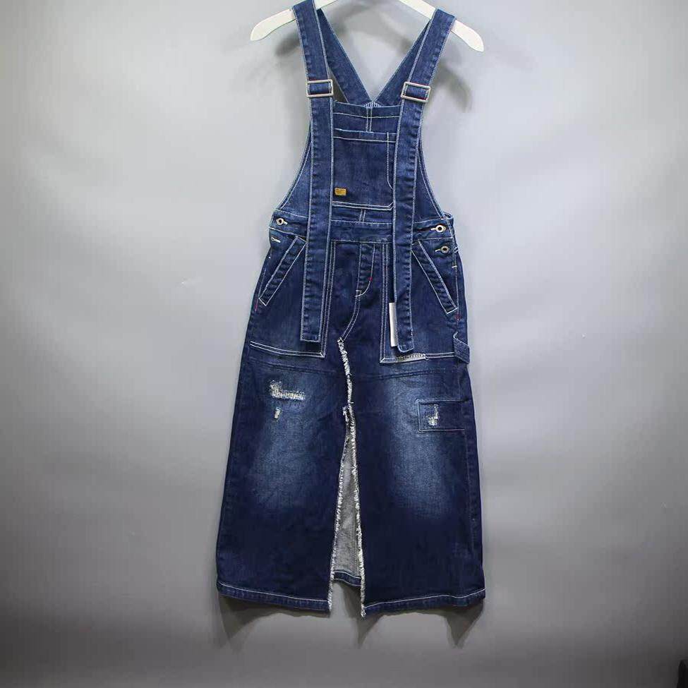 ABLE JEANS女背带裙新品潮牌复古水洗手工宽松男朋友中裙开叉女裙