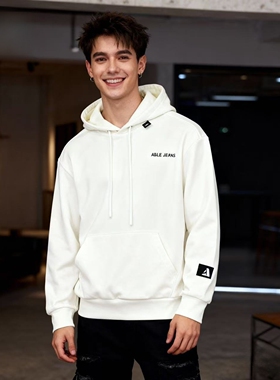 ABLE JEANS男卫衣秋冬白色立体连帽加绒厚型立体复古休闲长袖外套