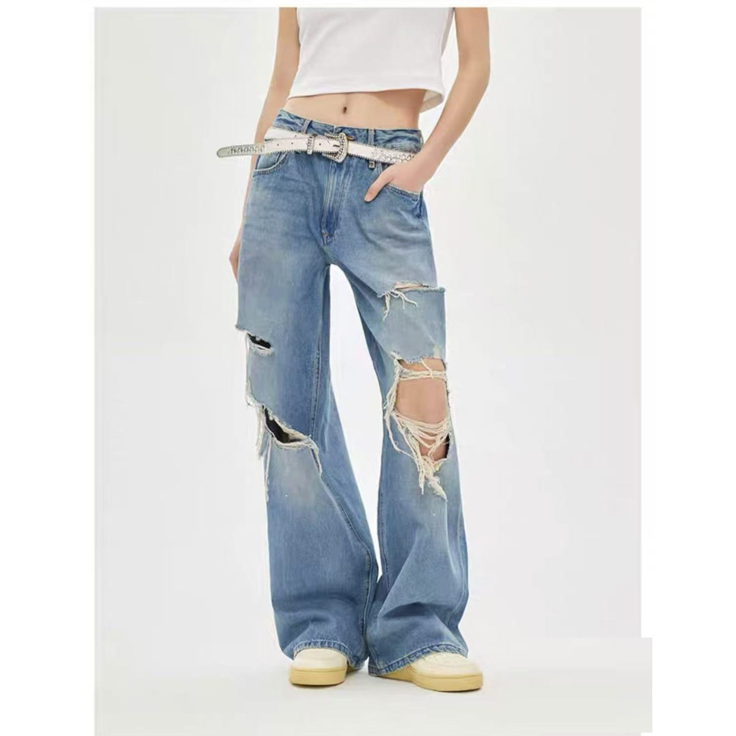 ABLEJEANS阔腿裤长裤牛仔破洞裤