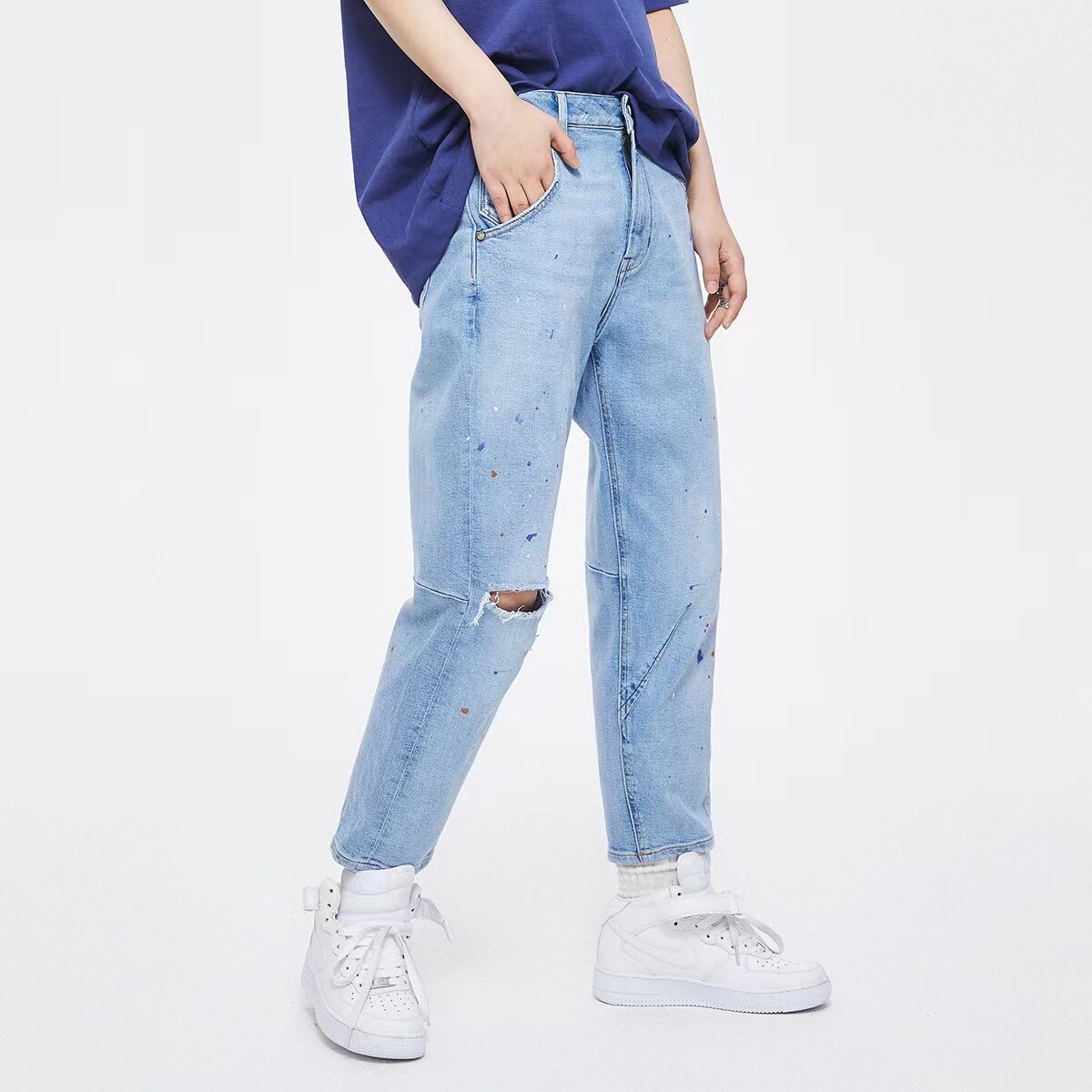 able jeans女士牛仔裤春夏新品立体高腰宽松破洞水洗复古休闲女裤