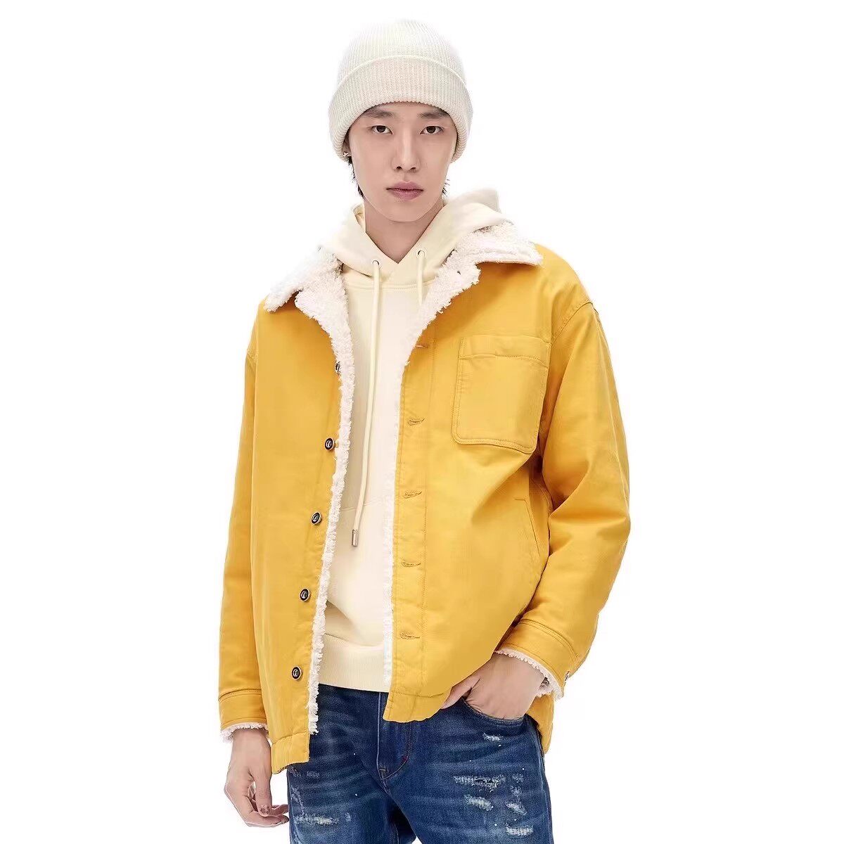 ABLE JEANS男士牛仔棉夹克春秋新品羊羔绒中长款彩牛风衣厚外套