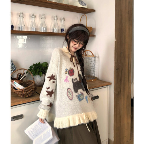 土豆猫复古软糯慵懒风毛衣女宽松